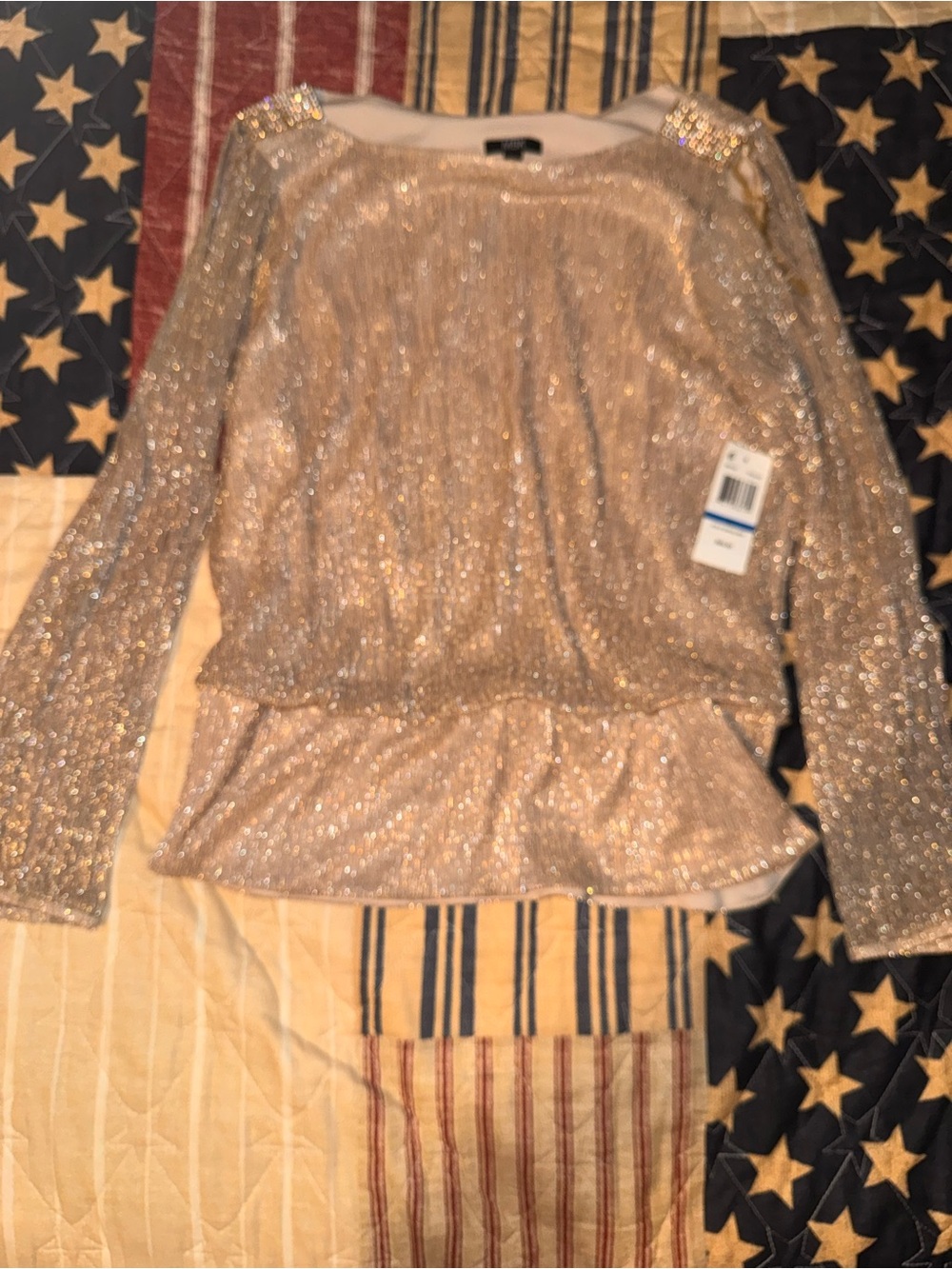 MSK women’s XL Shimmery Gold Long-Sleeve Top with Embellished Shoulders